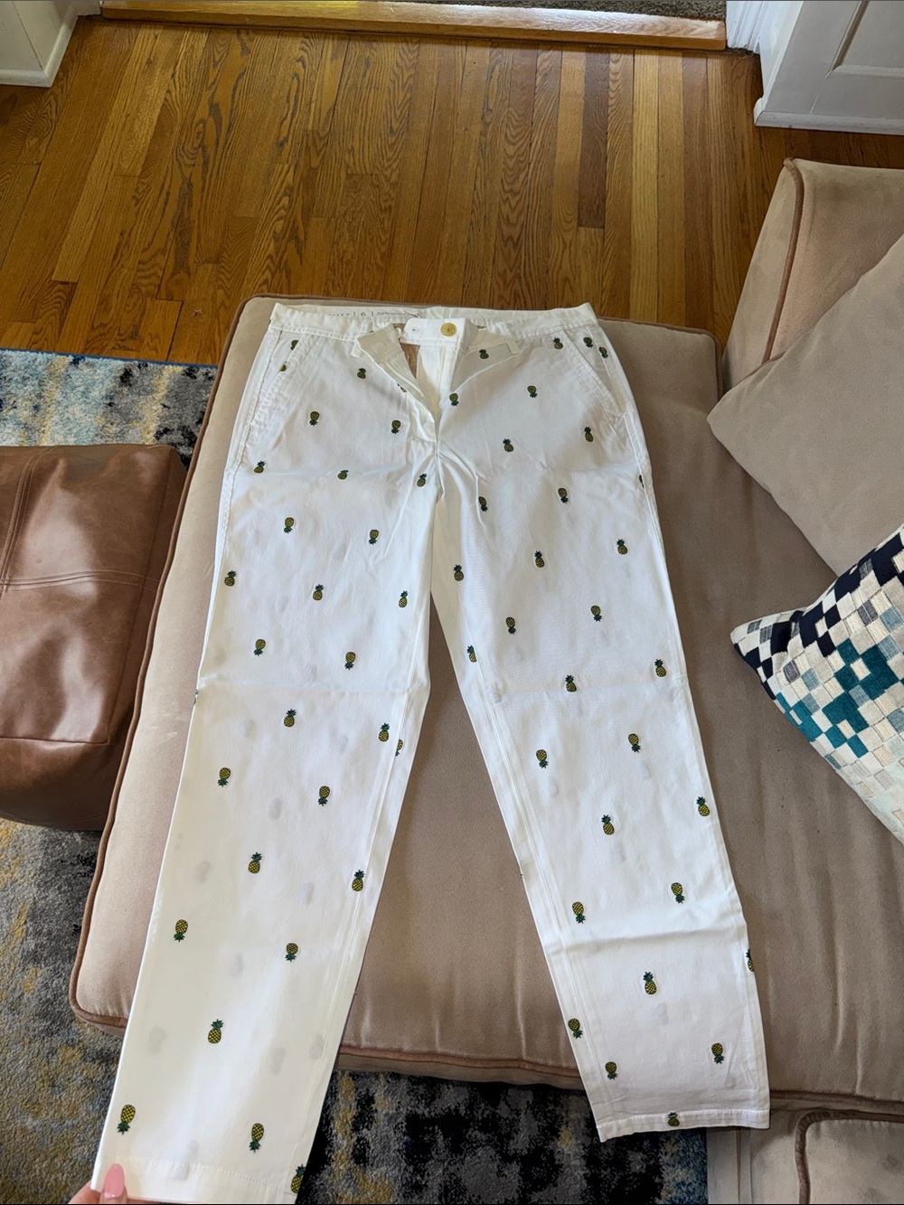 Talbots White Straight-Leg Chinos with Green Pineapple Embroidery